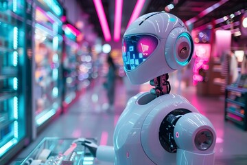 Fototapeta premium Robot Shopping Assistant Guides Futuristic Customer Through Vibrant High Tech Store