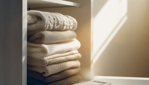 クローゼットの棚に収納されたニット