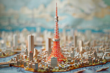 Tokyo Tower envisioned as a delicate paper cut art highlighting the iconic structure against a backdrop of Japans urban landscape 