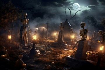 Unearthly Skeletons cemetery risen. Spooky dead. Generate Ai