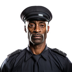 Half body of serious black policeman isolated on transparent background, PNG file. Tough and calm police looking at the camera in working uniform.