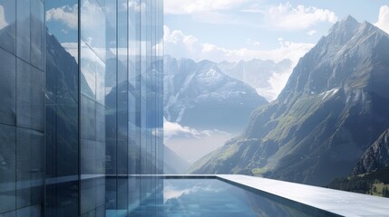 Modern Architecture Meets Nature: Skyscraper Against Dramatic Mountain Range for a Breathtaking Widescreen Wallpaper