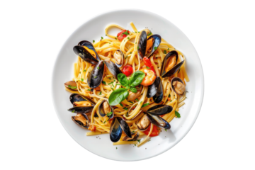 Seafood pasta with clams and mussels isolated on transparent background