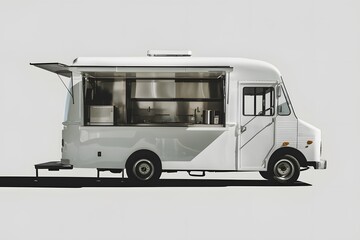 A stylish white mobile kitchen with essential appliances parked on a flat surface