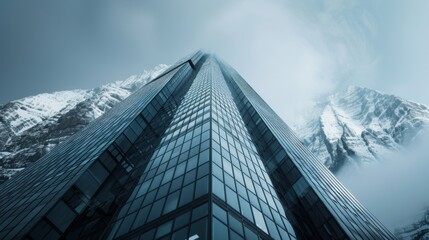 Modern Architecture Meets Nature: Skyscraper Against Dramatic Mountain Range for a Breathtaking Widescreen Wallpaper
