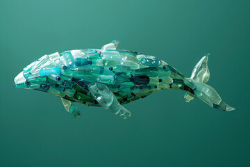 Whale constructed from discarded plastic bottles in ocean waters. Striking visual art highlighting the impact of ocean pollution. Effective for environmental awareness and marine conservation campaign