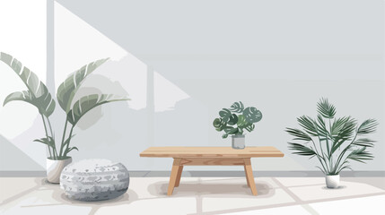 Wooden coffee table with houseplant and pouf on grey