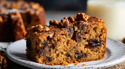 A Slice of Old Fashioned Date Cake On A white Plate With Background Blur