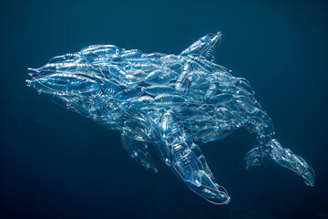 Naklejka premium Whale constructed from discarded plastic bottles in ocean waters. Striking visual art highlighting the impact of ocean pollution. Effective for environmental awareness and marine conservation campaign