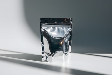 Shiny silver pouch with zipper on white background, reflecting light, inviting curiosity