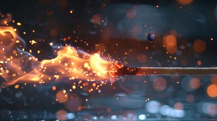 Macro shot of a match being lit with sparks flying everywhere
