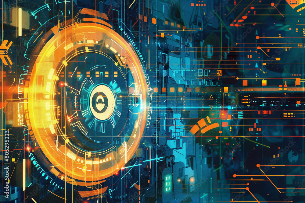 Poster vector art of encrypted personal details, emphasizing data privacy in a futuristic setting, abstract