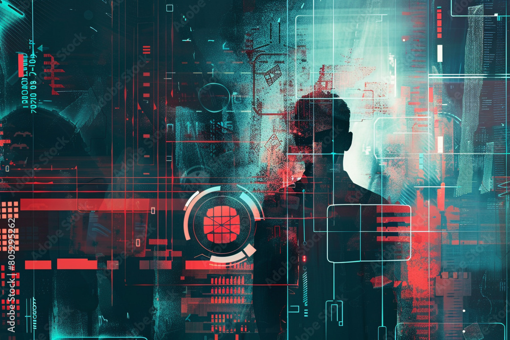 Poster vector art of encrypted personal details, emphasizing data privacy in a futuristic setting, abstract