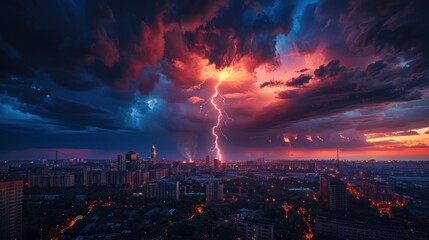 A landscape in the style of studio depicting a bright lightning bolt against a dark sky. the city center rages below