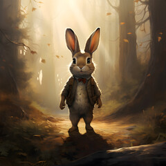 Rabbit in human suit walking around nature in the morning light. Animal in nature forest and meadow habitat. Wildlife scene. Abstract concept.