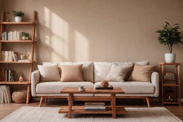 Cozy beige living room interior with wooden decoration, warm and relaxed feeling, natural light from windows.