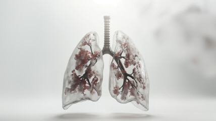 An artistic depiction of human lungs encased in ice, with detailed bronchial tree structures visible, set against a soft white background. - obrazy, fototapety, plakaty