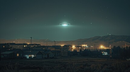 Fototapeta premium Alien flying saucer or UFO Floating over the city at night floating above the sky. Flying objects such as spaceships and alien invasions. Extraterrestrial life. Space travel. Spaceships.