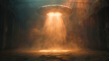 Alien flying saucer or UFO Blowing smoke at night floating above the sky. Flying objects such as spaceships and alien invasions. Extraterrestrial life. Space travel. Spaceships.