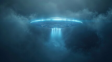 Obraz premium Alien flying saucer or UFO Blowing smoke at night floating above the sky. Flying objects such as spaceships and alien invasions. Extraterrestrial life. Space travel. Spaceships.
