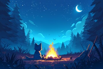cartoon cat lighting a campfire at night