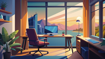 office overlooking the sea, the desk is empty without its owner