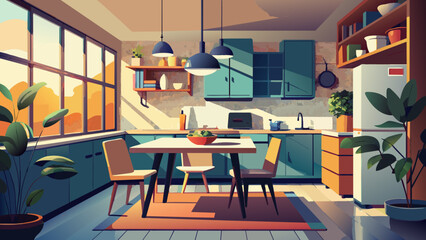 cute kitchen illuminated by sunlight, delicious salad lies on the table