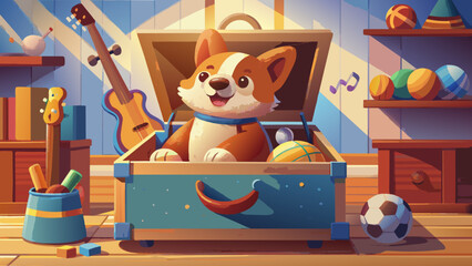 cute puppy climbed into a large chest with things and looks out from there