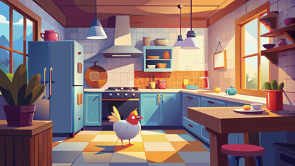 a big rooster stands in the middle of the kitchen flooded with sunlight