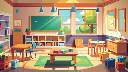 children left classes for lunch, classroom full of toys and books