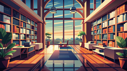 modern library interior with rows of books