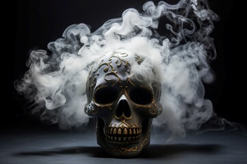 Theatrical Skull mask smoke. Evil death human. Generate Ai