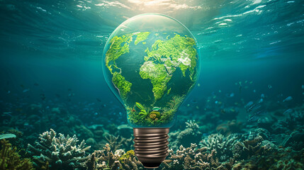 Within a light bulb, a lush green world map stands out, surrounded by a backdrop of a thriving coral reef under the ocean, symbolizing the interconnectedness of renewable energy, 