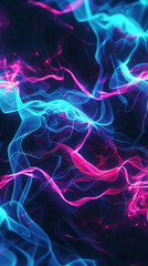Vibrant neon waves undulating across a dark background, with hues of electric blue and hot pink clashing and blending in a dance of light. 