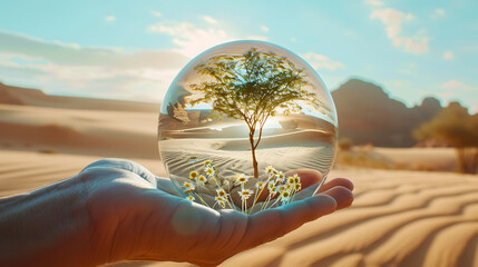 tree inside a transparent sphere on dessert background