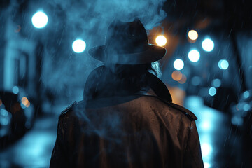 Noir detective in trench coat walks rainy street. Smoke curls, neon glows. Cinematic.