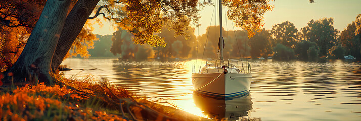 Picturesque river scene with sailboats and autumn colors, capturing the peaceful essence of a...