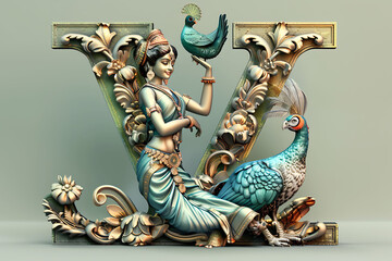 Colorful alphabet capital letter V made with Hindu God with peacock