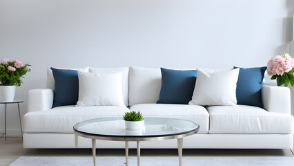 modern living room with white sofa and blue pillows