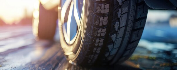 car tire's tread with water drops reflecting light, emphasizing the tire's grip and vehicle safety