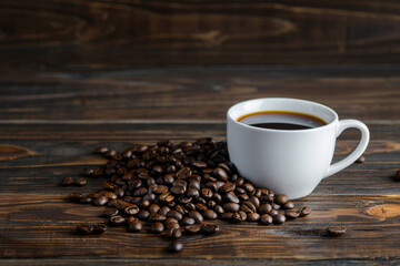 Cozy morning scene with a white cup of black coffee surrounded by scattered roasted coffee beans on a dark rustic wooden background. Ideal for a warm and inviting coffee theme