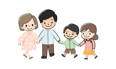 Illustration of a happy family with two children holding hands together.