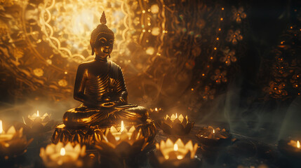 Golden Buddha statue with lotus flower on Blur Golden background