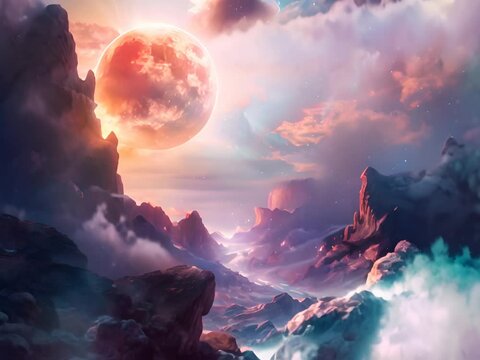 This digital showcases a mesmerizing and ethereal cosmic landscape depicting a dreamlike panorama of towering cliffs swirling clouds and a glowing celestial body against a backdrop of shimmering