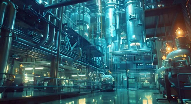 This image captures the intricate and impressive details of a massive towering biotechnology laboratory from a dramatic low angle perspective The scene features an expansive and complex industrial