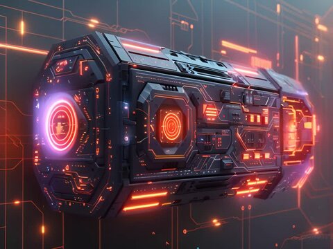 This image depicts a detailed side view of a sleek futuristic IoT security device The device features intricate design elements including glowing LED lights and complex circuit patterns showcasing