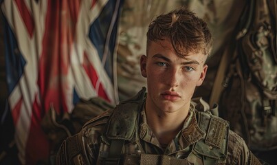 Fototapeta premium A young British soldier with military equipment stands in front of the English flag.