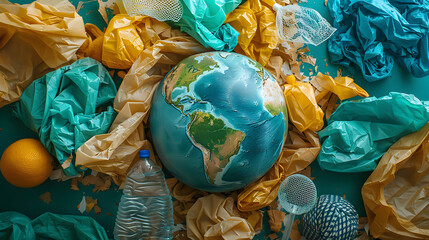 World Plastic bag free day concept globe on wast plastic bags