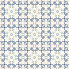 Vector seamless pattern in oriental style. Blue and white elegant ornament. Abstract linear background with floral silhouettes, lattice. Repeating luxury design for decor, wallpaper, print, textile