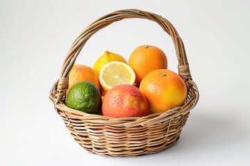 citrus fruits in basket on white background